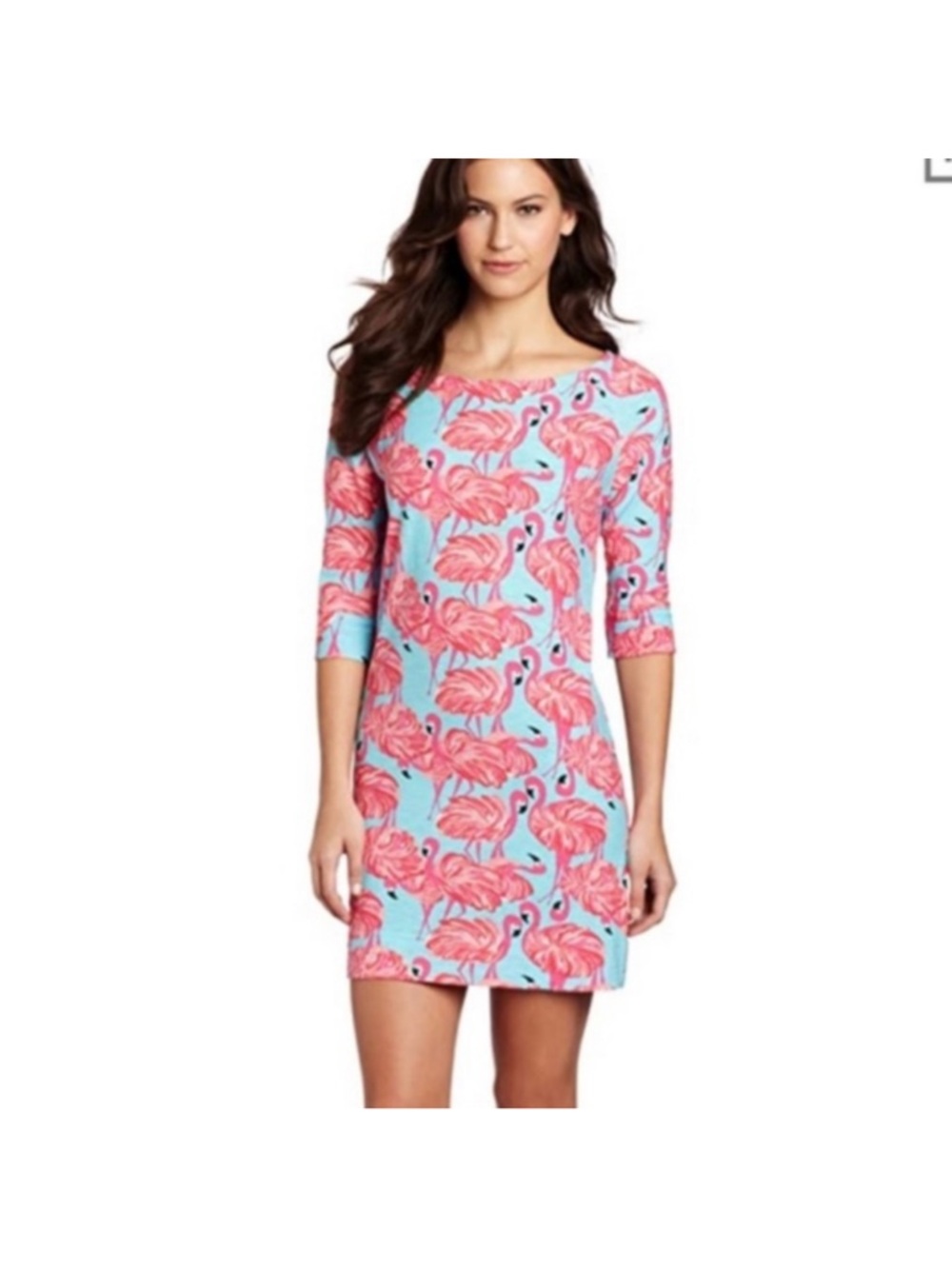 Pink Flamingo Lily Pulitzer Boat Neck Shift Dress on Light Blue